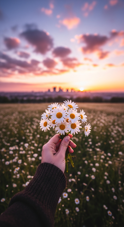 Daisies at Sunset Over City