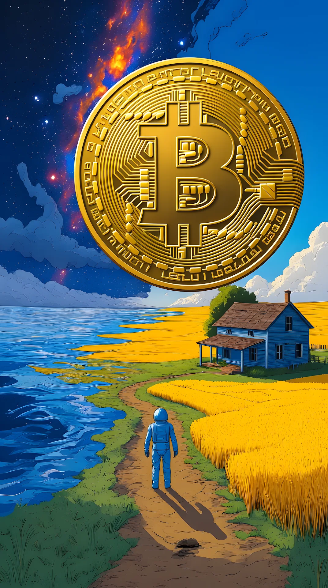 Giant Bitcoin Coin Floating Above a Wheat Field Landscape - Free 4K mobile Wallpaper