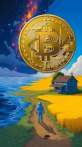 Giant Bitcoin Coin Floating Above a Wheat Field Landscape