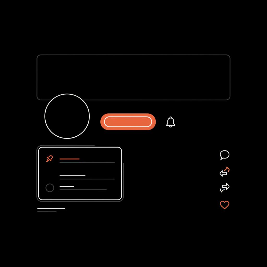 Twitter redesign minimalist 2D vector profile header showing a circular avatar placeholder, prominent red subscribe button, and a pinned post card on black background