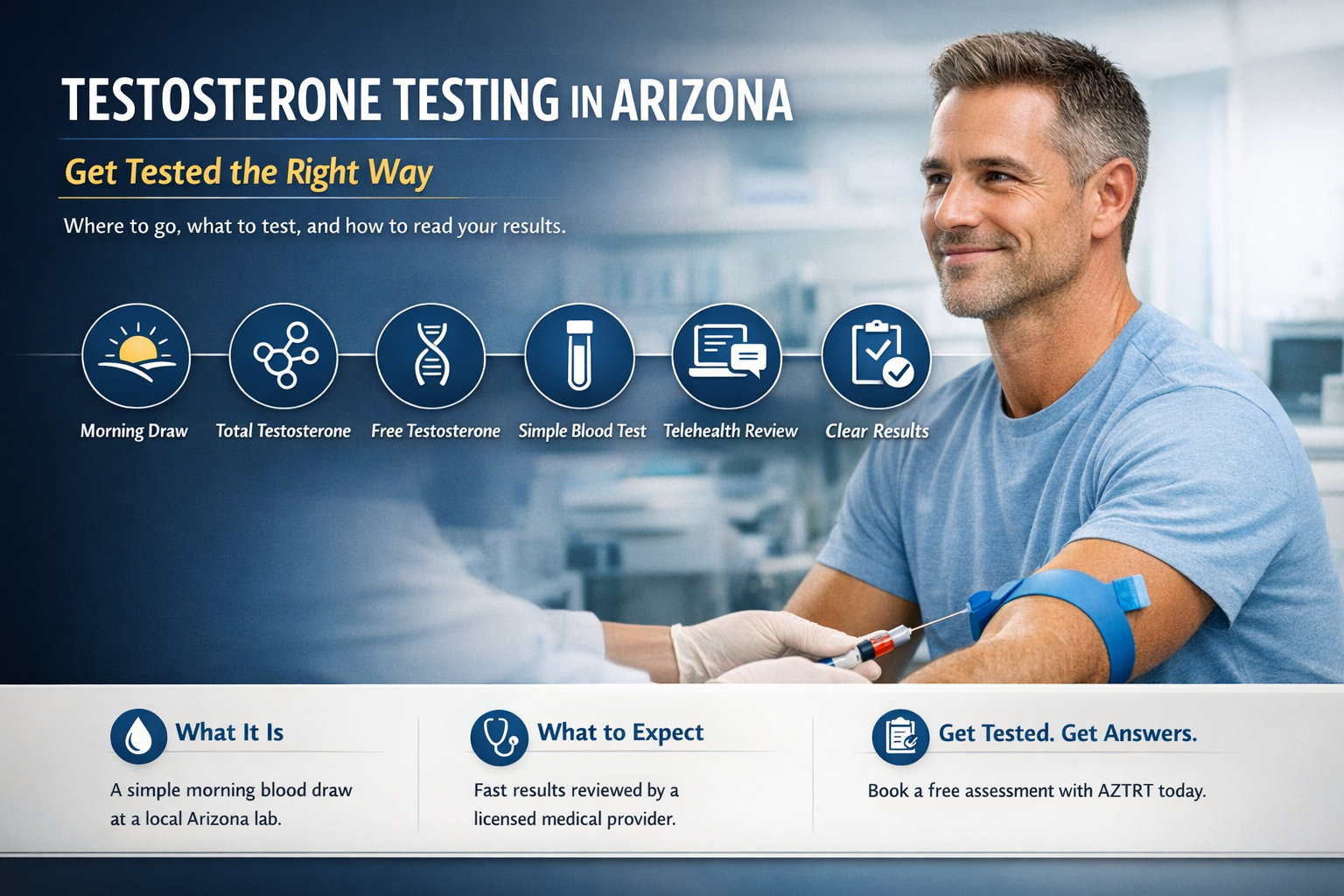 How to Get Your Testosterone Tested in Arizona — AZTRT Arizona TRT clinic blog cover showing a man having a morning blood draw at a lab with a testosterone testing infographic