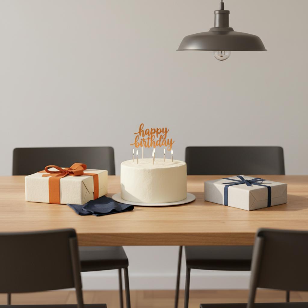 Nahaufnahme von Geschenkboxen und einer einfachen Vanilletorte auf einem aufgeräumten Esstisch als stilvolles geldgeschenk taufe, minimalistisches Setting, #FAFAFF Hintergrund