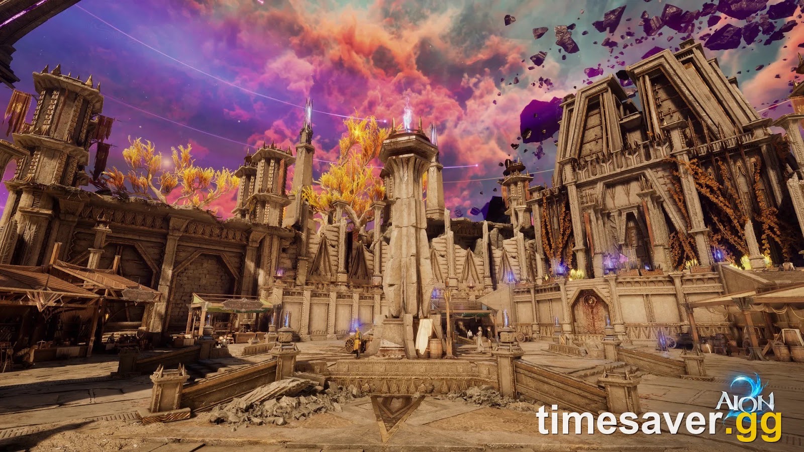 A monumental Atreian stone city under a turbulent magenta sky in AION 2
