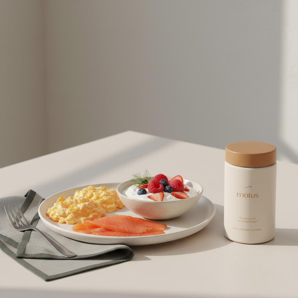 Tonum Motus container beside a plated breakfast of eggs, smoked salmon and Greek yogurt with berries on a minimalist #F2E5D5 background to boost female metabolism.