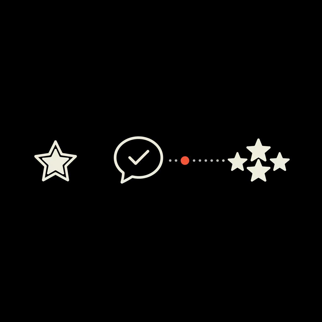 Flat 2D vector infographic: icons showing a calm reply turning 1-star into 4-star on #000000 background. can i get in trouble for leaving a bad review on google