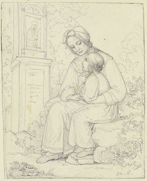 Mutter mit betendem Kind vor einem Bildstock mit einem Madonnenbild