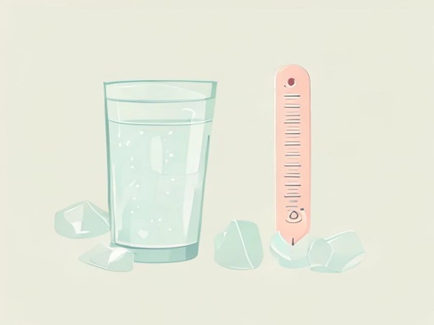 시원한 물컵과 얼음, 온도가 낮게 내려간 상태를 보여주는 온도계 일러스트