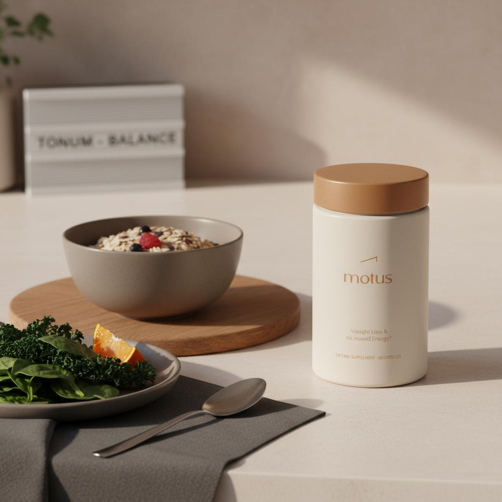 how do you know your liver is detoxing: Tonum Motus bottle on a neat countertop beside whole-grain cereal and leafy greens, soft natural light, minimalist wellness scene