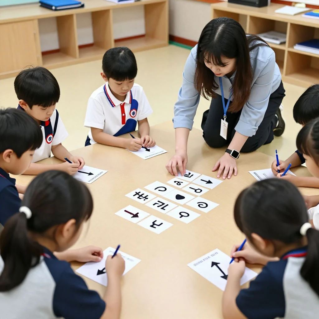컴퓨터 없이 카드와 화살표로 언플러그드 코딩 활동을 하는 아이들