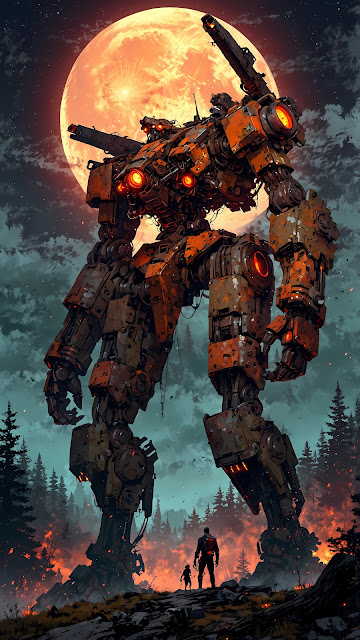 Colossal Rusty Mech Against an Orange Moon and Burning Forest - Free mobile Wallpaper