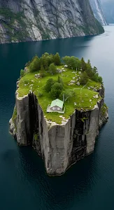 Isolated Cabin on Steep Cliff Island in Fjord