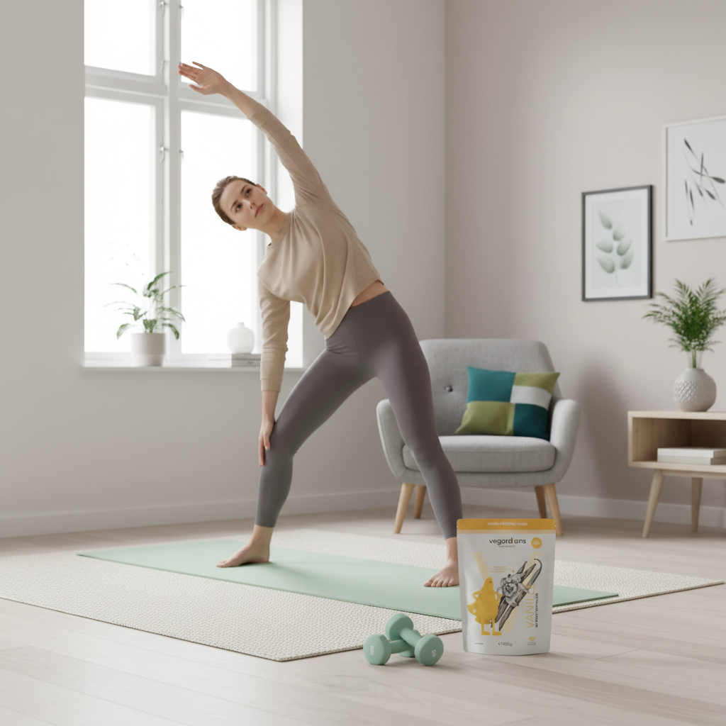 Minimalistische Heimtrainingsszene mit Yogamatte, Hanteln und Vegardians-Produkt neben Fenster im Winterlicht – 70/30 ernährungsplan