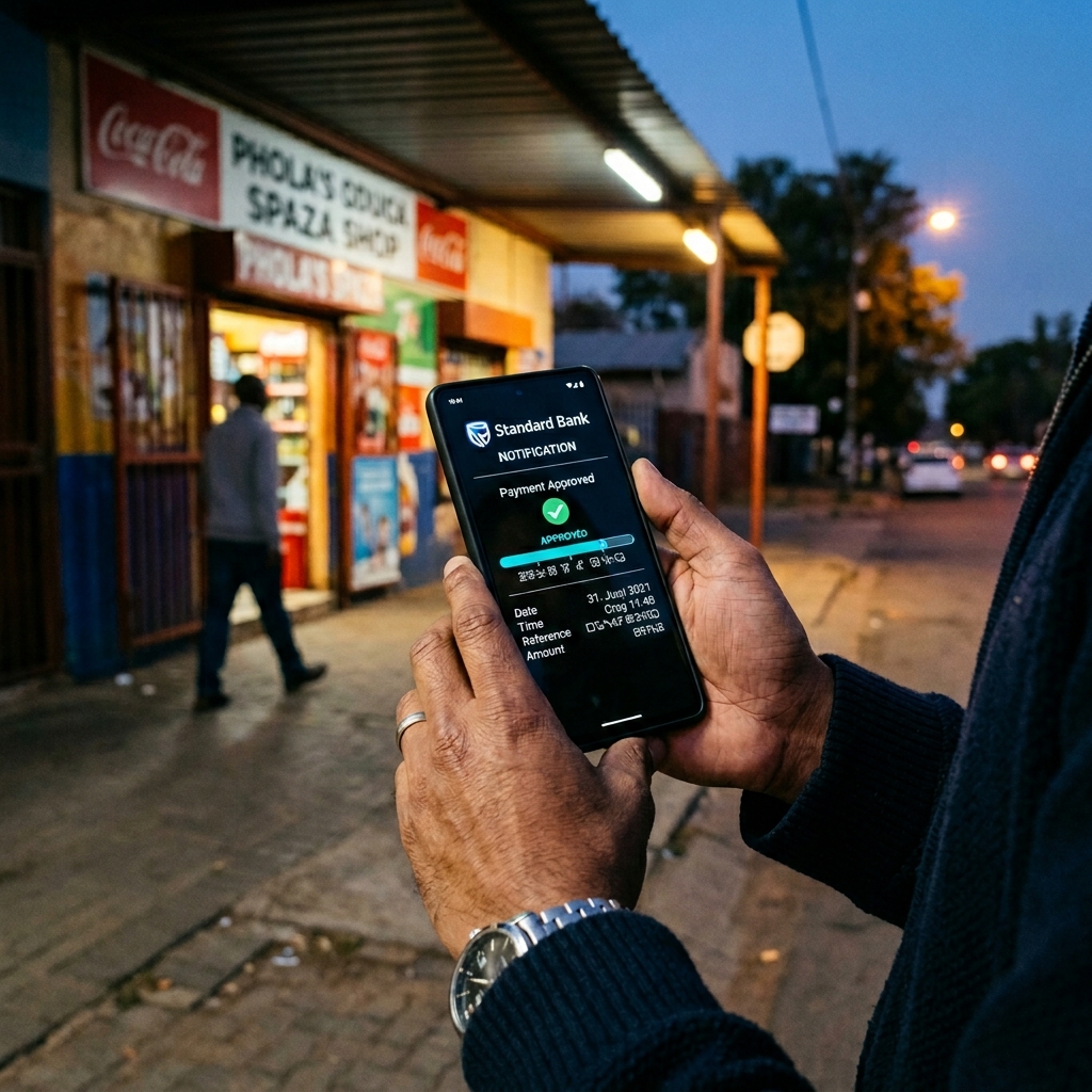 Man holding smartphone showing approved Money Plug payment notification at dusk