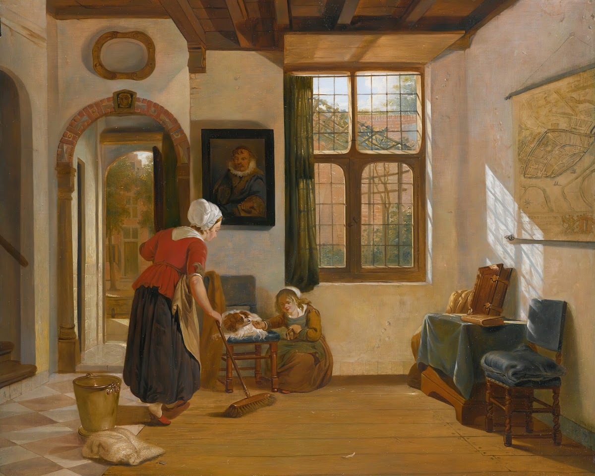 Interior with a maid a girl with a dog anda map of dordrecht 3660x2928 (1)
