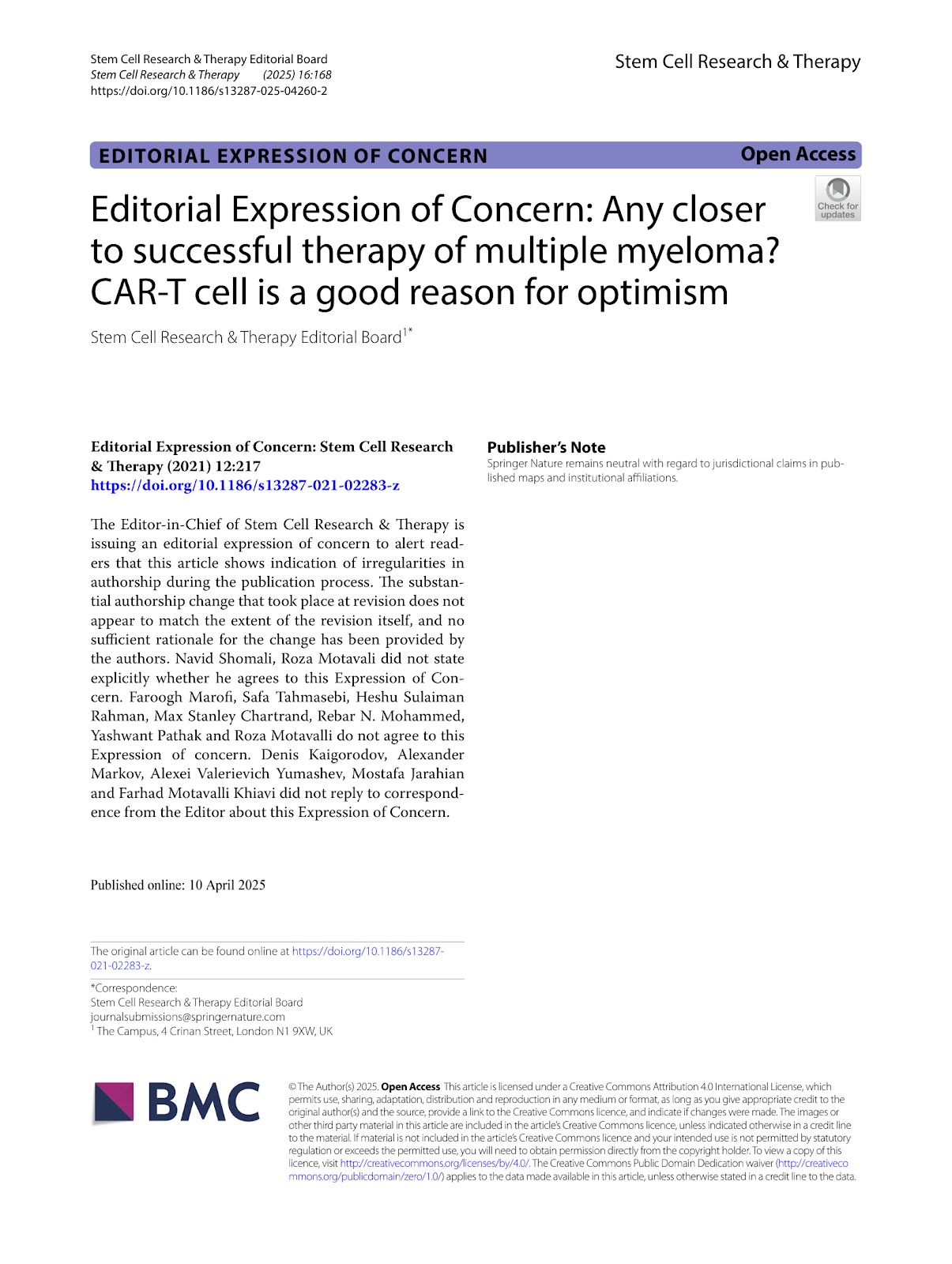 Editorial Expression of Concern: Any closer to successful therapy of multiple myeloma? CAR-T cell is a good reason for optimism