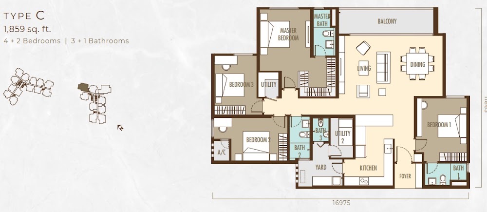 Ayanna Type C floor plan — 1897 sq ft, 4 bedrooms