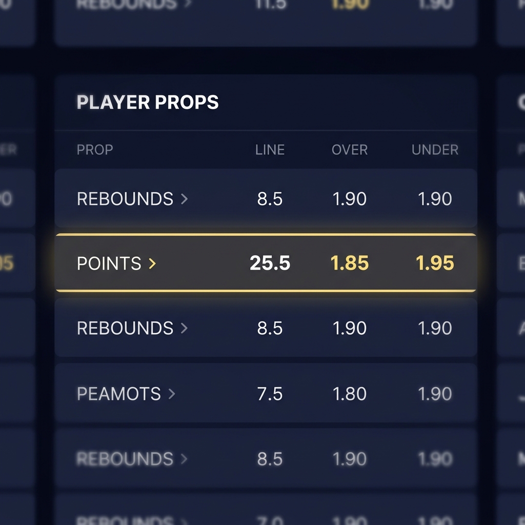 Close up of a clean player statistics table with a single highlighted points prop line on dark Funded Plays style background using colors #10101a #1e1e31 #9393a6 #ffffff #f5e79d betmgm prop bets