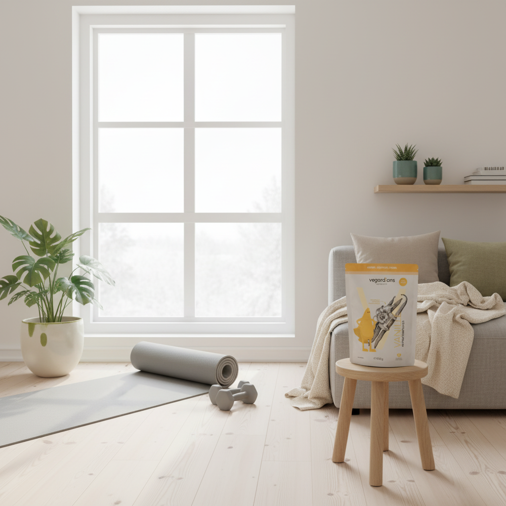 Minimalistisches Heimtraining im hellen Wohnzimmer mit Yogamatte, Hanteln und Vegardians-Produkt im Fokus, 2500 kcal