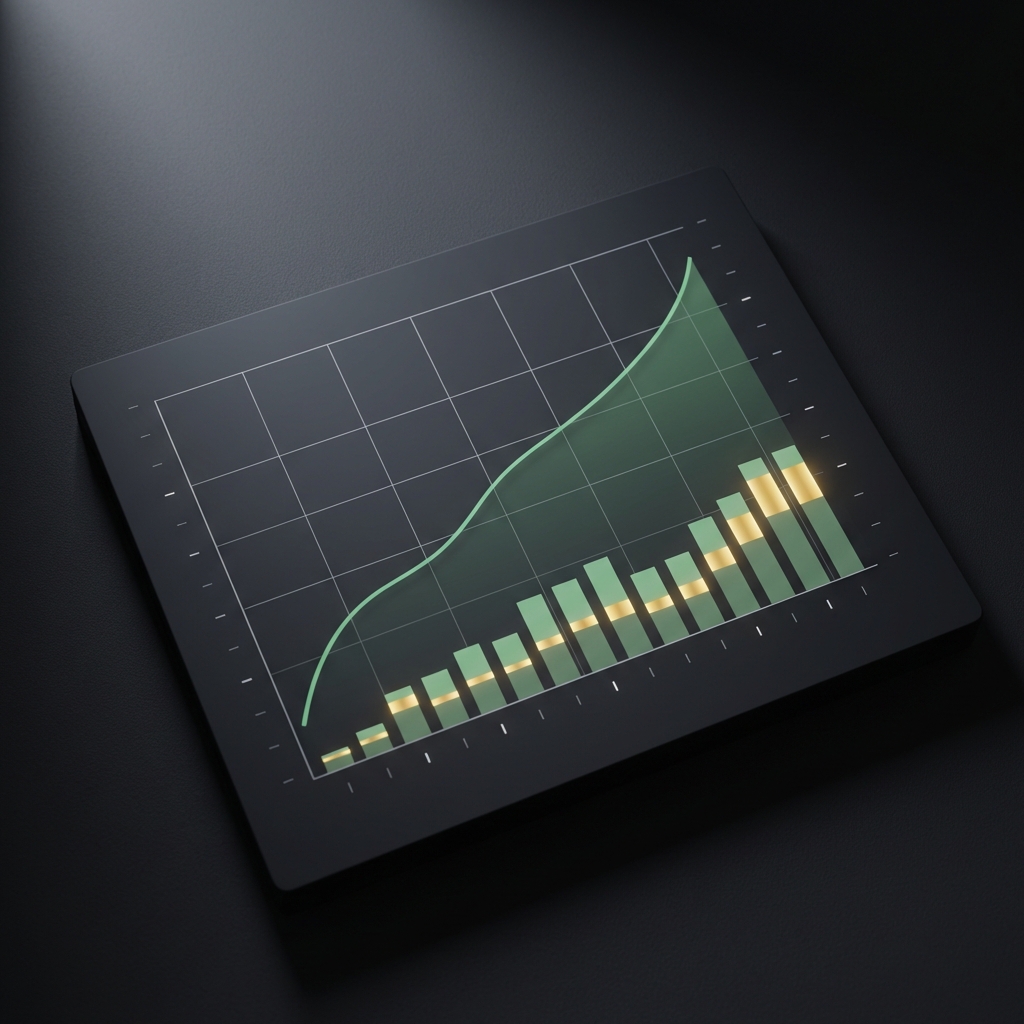 Minimalist close up blockchain graph showing active address growth curve and vertical volume bars on dark background data visualization for best coin to invest