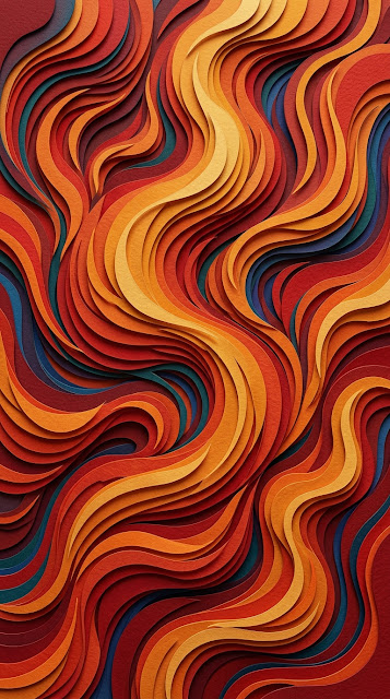Abstract 3D Wave-Like Shapes in Warm Fire Tones and Blue Accents - Free mobile Wallpaper