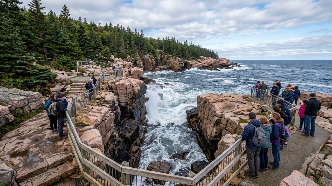 Thunder Hole sea cave spray at Acadia National Park rocky Maine coastline