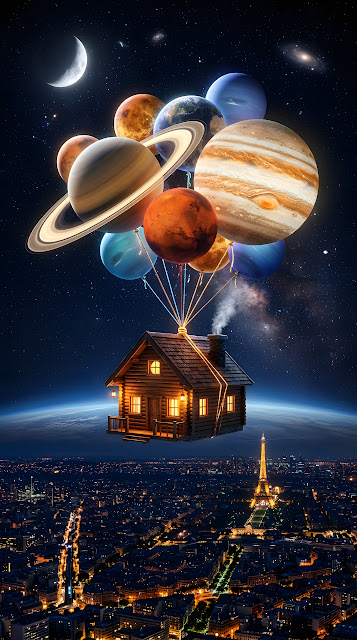 Surreal Digital Illustration of a Small Cabin Lifted by Planetary Balloons - Free mobile Wallpaper