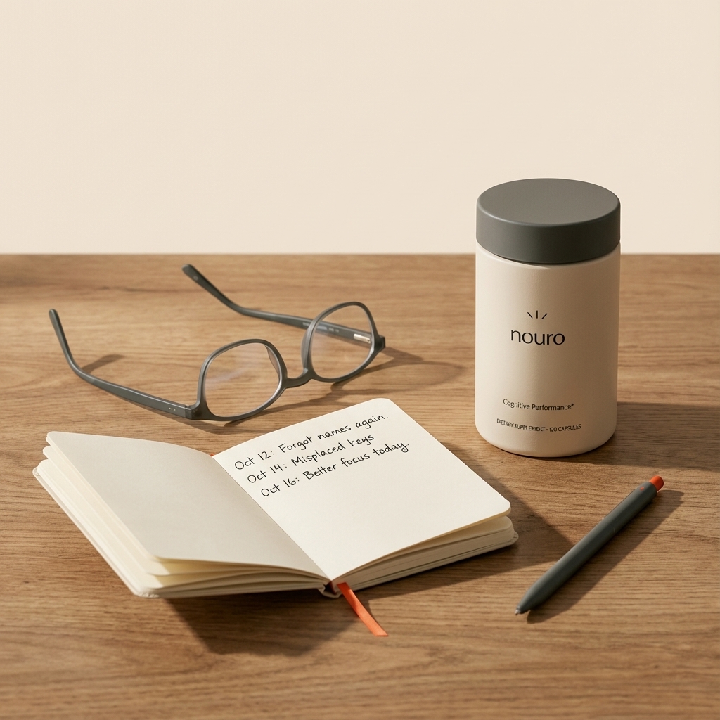 Still-life of a notebook with dated memory notes, reading glasses, and Tonum Nouro jar on a wooden table — minimalist scene for 2 finger test for Alzheimer's