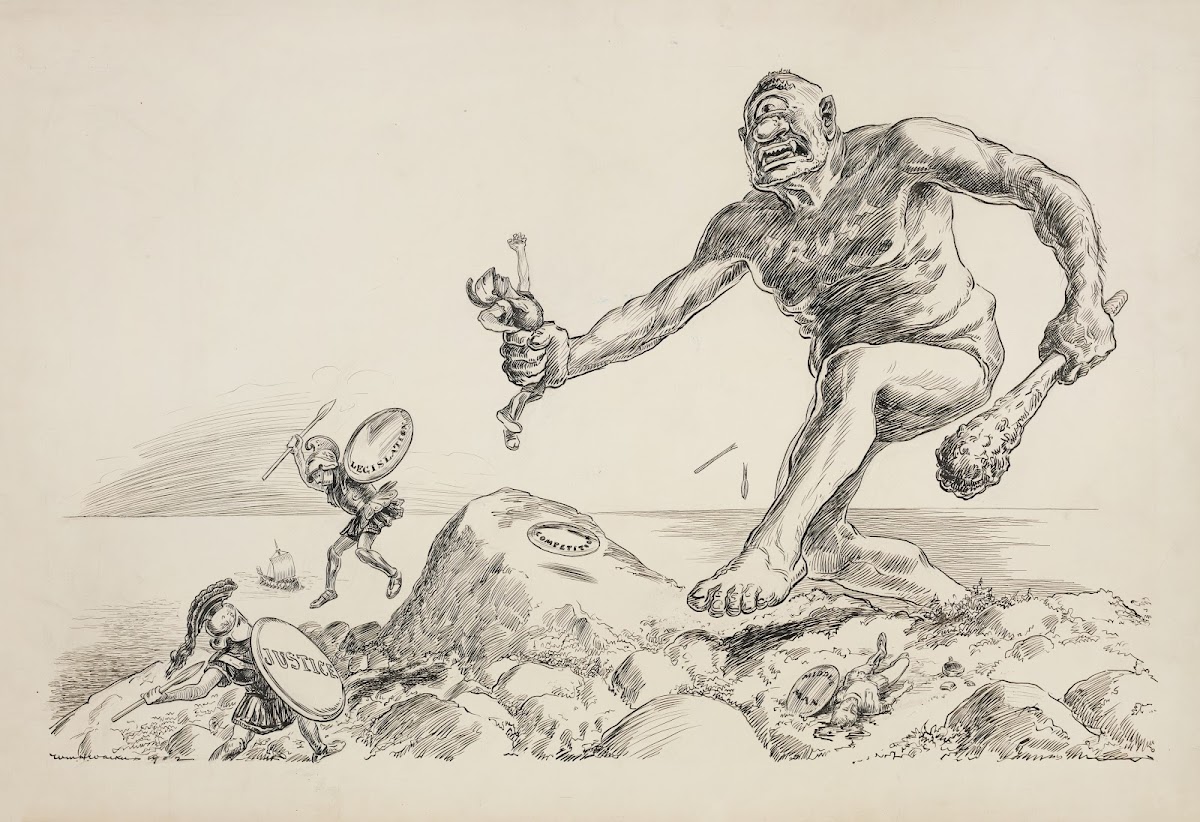 The Cyclops representing the Trusts fights soldiers representing justice legisla