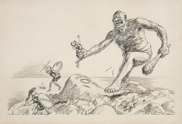 The Cyclops representing the Trusts fights soldiers representing justice legisla