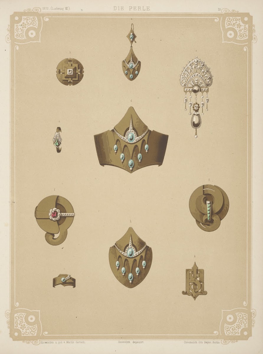 Ten Designs For Jewelry Including Gold Pointed Bracelet With Green Stones 1872