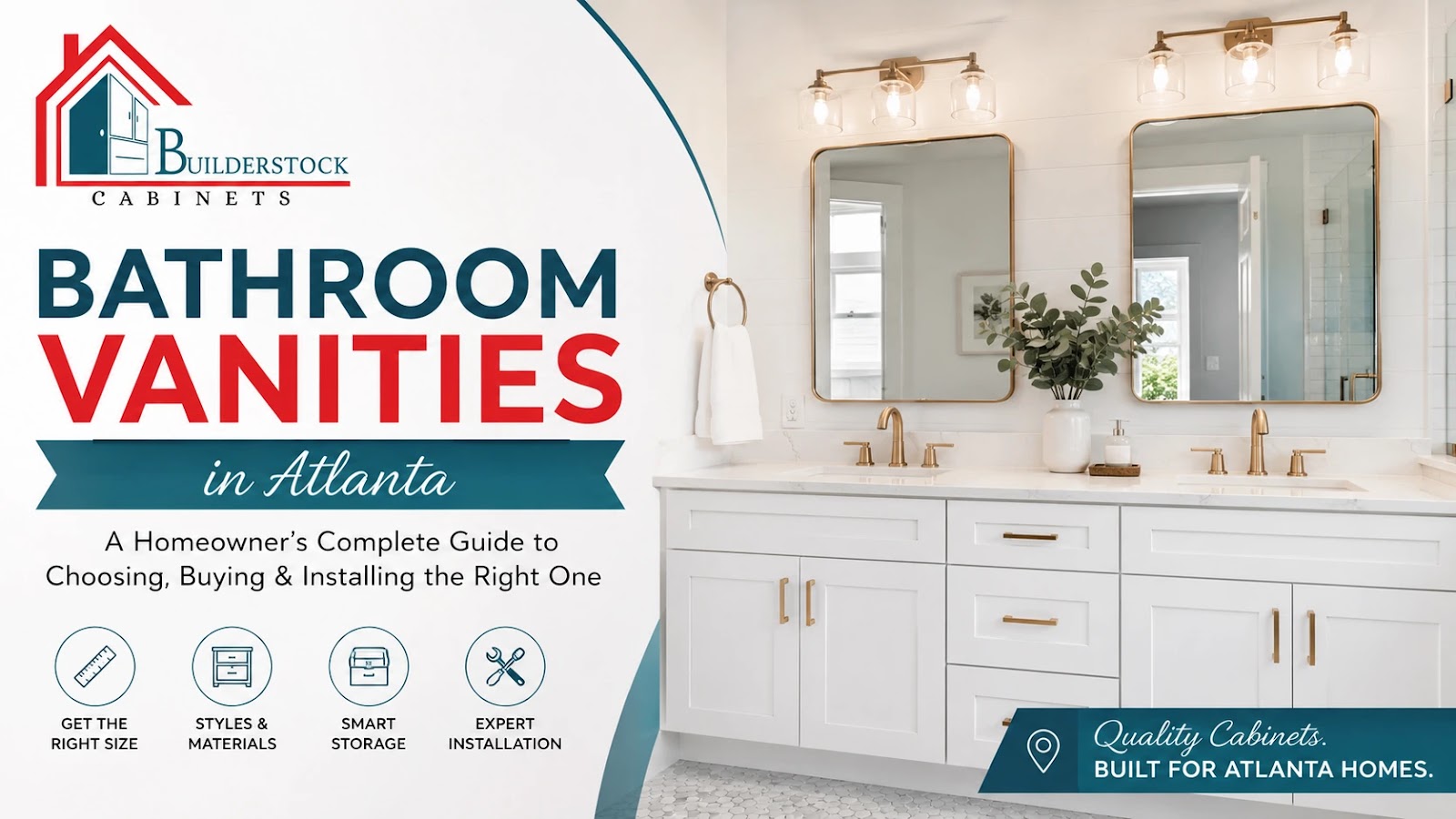 Bathroom Vanities in Atlanta by Builder Stock Cabinets featuring a modern white shaker vanity with quartz countertop and double sink for homeowners planning a bathroom renovation.