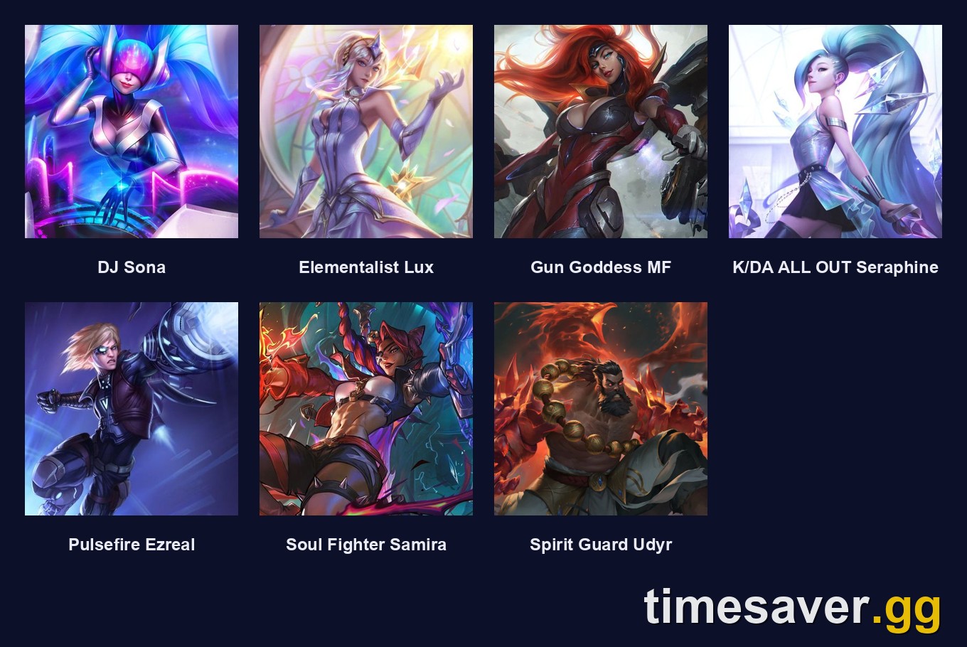 The seven Ultimate skins in the Worlds 2026 Pick'Ems perfect-score reward