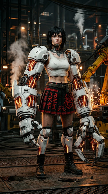 Cyborg Woman with Industrial Robotic Arms in High-Tech Factory - Free mobile Wallpaper