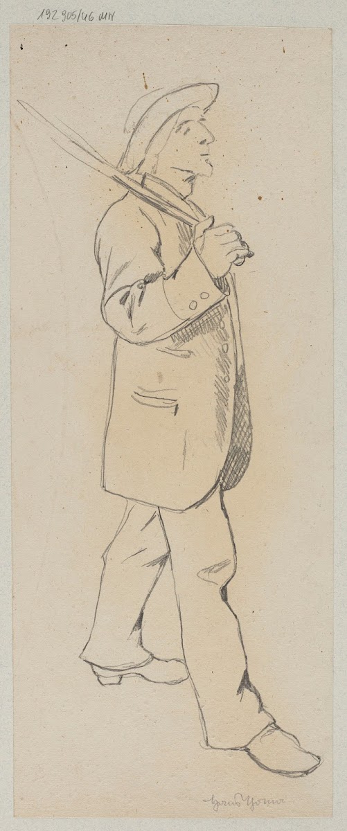 Walking Man in a Hat and Long Jacket with a Stick over the Shoulder 1886