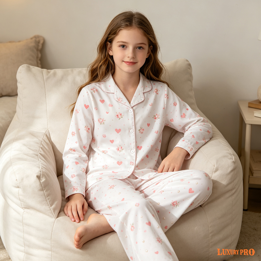 Unhemmed Allover Print Kids Short-Sleeve Shirt & Long Pants Pajama Set, No Pockets