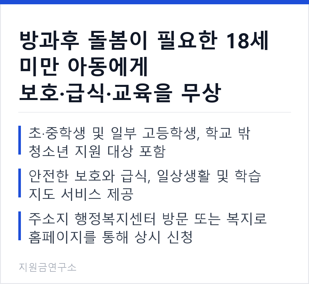 방과후 돌봄이 필요한 18세 미만 아동에게 보호·급식·교육을 무상 지원합니다. 초·중학생 및 일부 고등학생, 학교 밖 청소년 지원 대상 포함 안전한 보호와 급식, 일상생활 및 학습 지도 서비스 제공