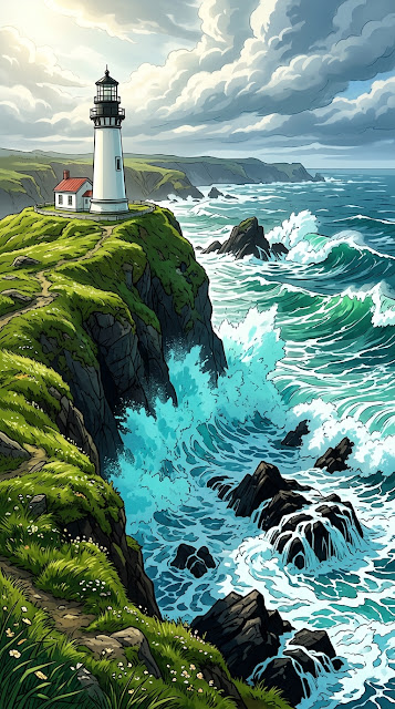 White Lighthouse on Green Cliff with Powerful Ocean Waves - Free mobile Wallpaper
