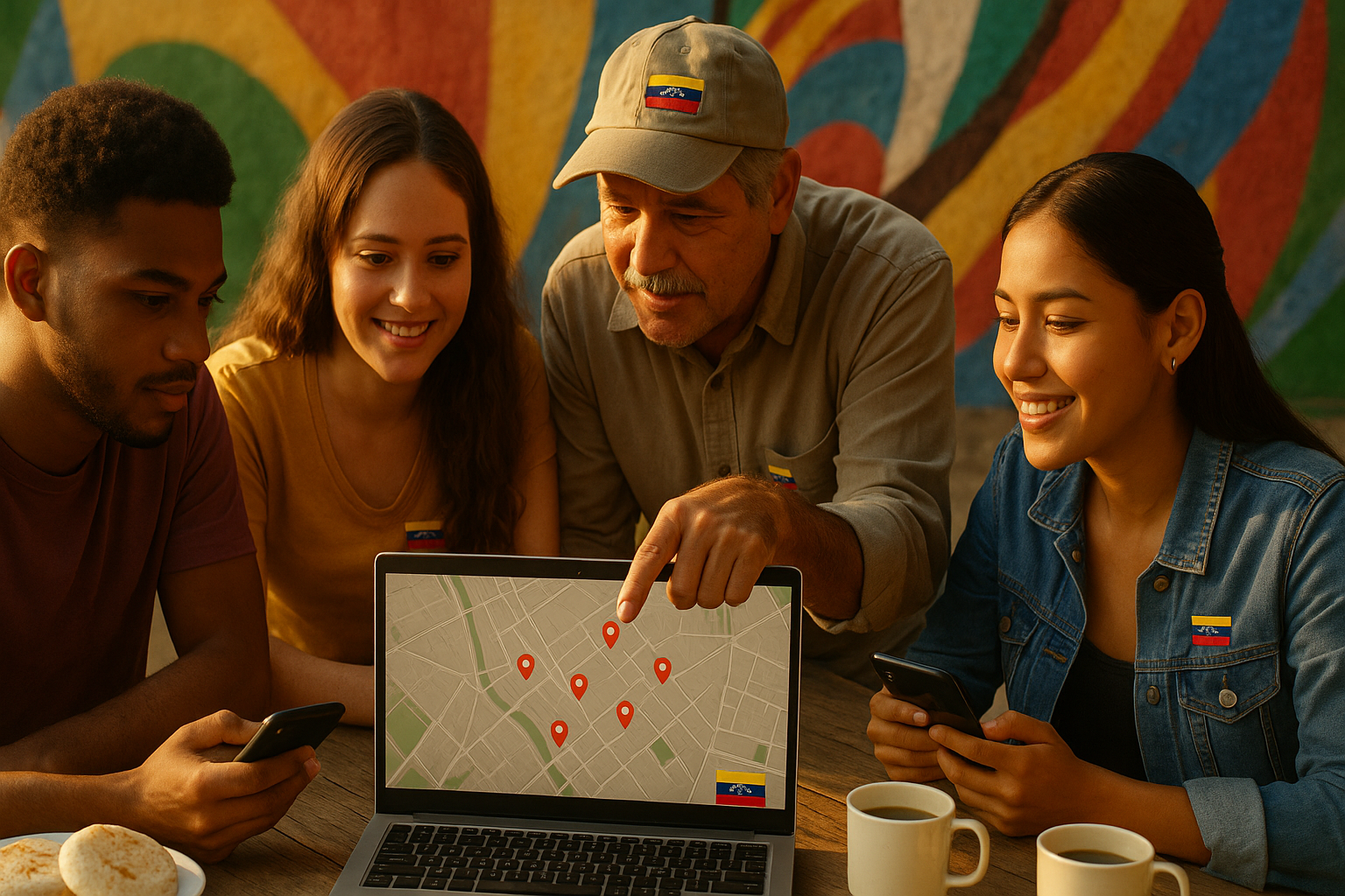Venezolanos actualizando un mapa comunitario en una laptop, con ambiente cálido y colaborativo