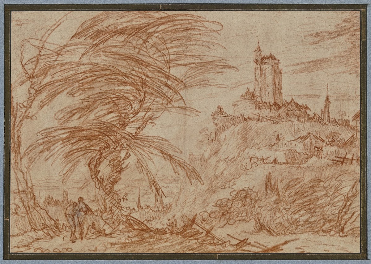Landschaft rechts auf einem Hügel ein großer Turm links eine Baumpartie und eini