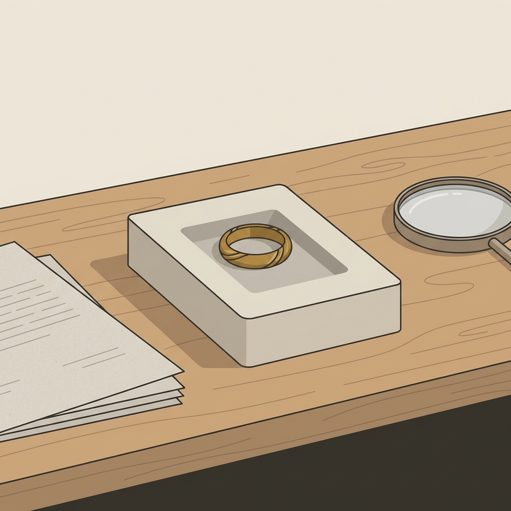 Minimalist 2D vector of an ancient viking ring on archival foam beside blank provenance papers and a loupe on a wooden desk ancient viking rings for sale