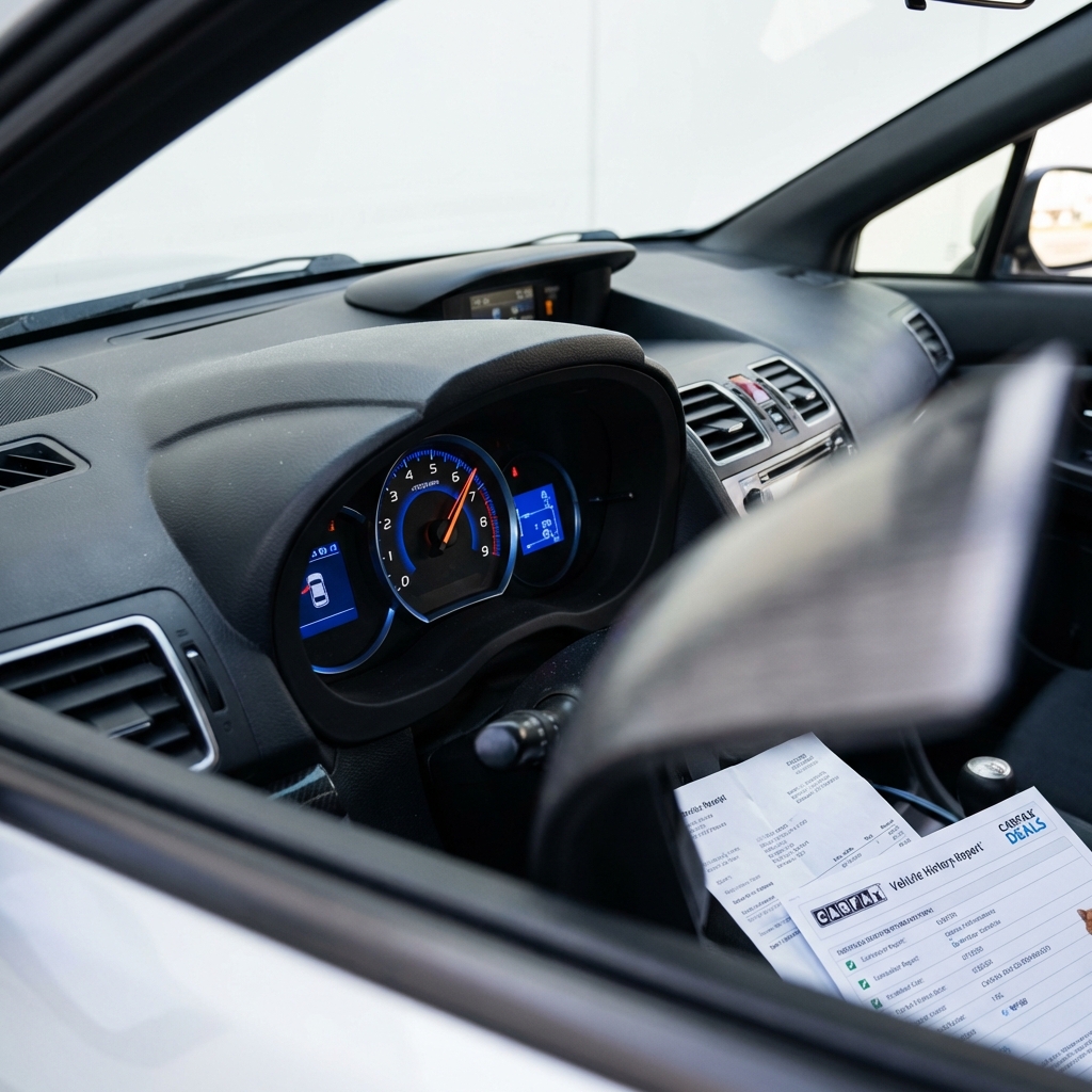 Close up interior photo of a Subaru WRX showing tachometer and center console with a service receipt and vehicle history report on the passenger seat for subaru wrx for sale