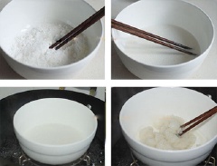 Hòa tan nước đường, nước ấm với dầu ăn và nước hoa bưởi. Cho từng muỗng bột bánh dẻo vào trộn đều, lúc đầu hỗn hợp bột sẽ hơi loãng, dần dần bột sẽ nở ra. Khi thấy bột nặng tay, thì đổ ra mâm, cùng với chỗ bột còn lại, nhào dần dần đến khi hết bột, cục bột dẻo mịn. Để bột nghỉ 30 phút trong điều kiện bình thường.Bước nhào bột rất quan trọng, nếu thiếu bột thì khi đóng vào khuôn bột sẽ bị chảy và không lấy được bánh ra, nếu dư bột thì bánh sẽ bị khô và nứt nẻ. Khi khối bột đã được ưng ý, đem hấp cách thủy khoảng 30 phút rồi lấy ra. Chờ bột nguội thì chia khối bột làm đôi, dàn đều mỗi phần.