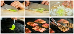 Cà rốt, dưa leo gọt vỏ, rửa sạch, thái sợi. Hành lá cắt khú dài khoảng 5cm rồi thái sợi mỏng, ngâm vào tô nước đá cho bớt hăng. Cải xà lách và lá bạc hà rữa sạch để ráo nước. Thịt bò sau khi thấm gia vị, đem nướng chín hoặc cho vào chảo áp chín đều được.