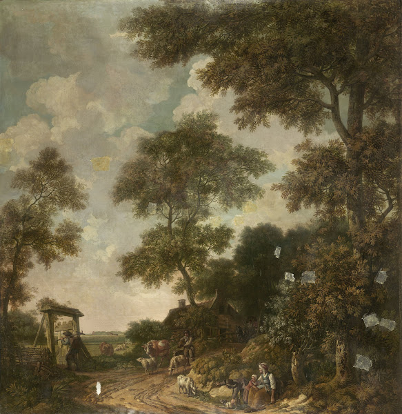 Behangselschildering van een Hollands landschap met een zandweg c 1776