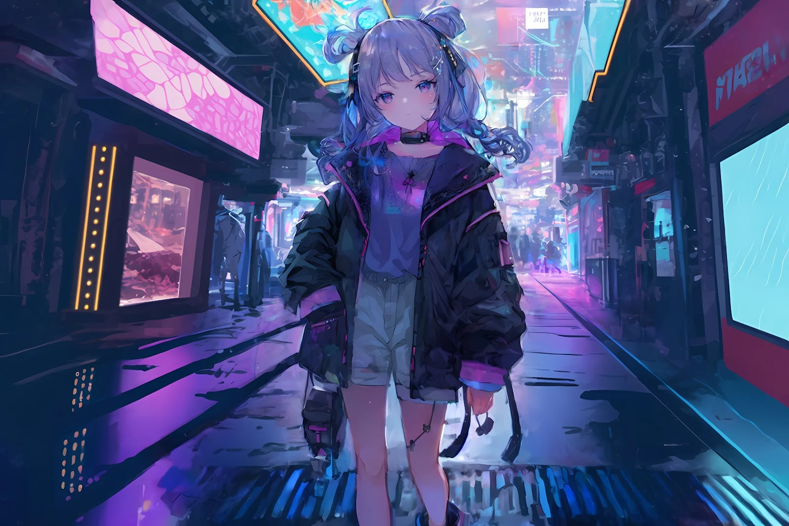 Cyberpunk, Anime, Street, Neon, Girl 5K Desktop, iPhone Wallpaper Background