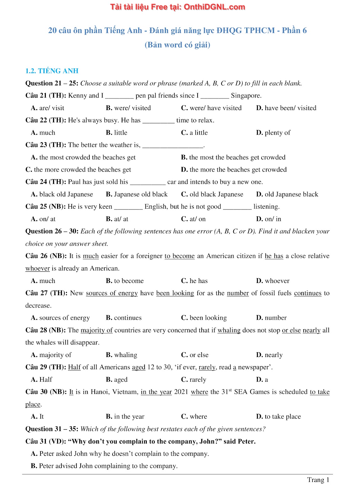 800 bài tập môn Tiếng Anh - Ôn thi ĐGNL ĐHQG TP HCM Phần 6