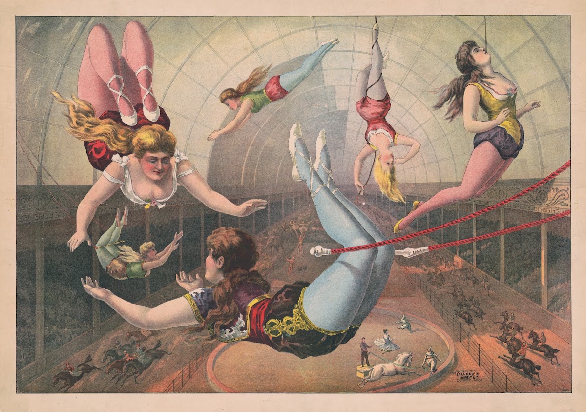 Female acrobats on trapezes at circus 1890