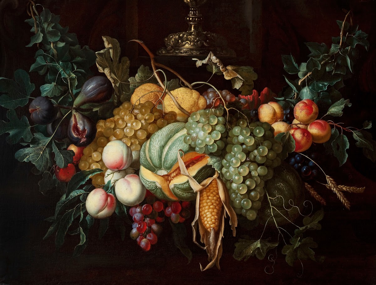 Still life with fruits and corn