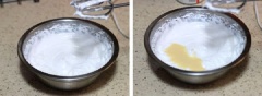Dùng máy đánh trứng, đánh đều 150gr kem sữa tươi, 40gr sữa đặc trong 1 cái tô.