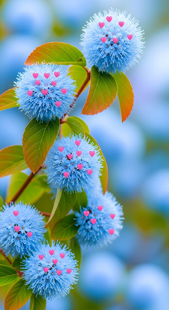 Blue Globe Flowers with Pink Hearts Overlay - Free mobile Wallpaper